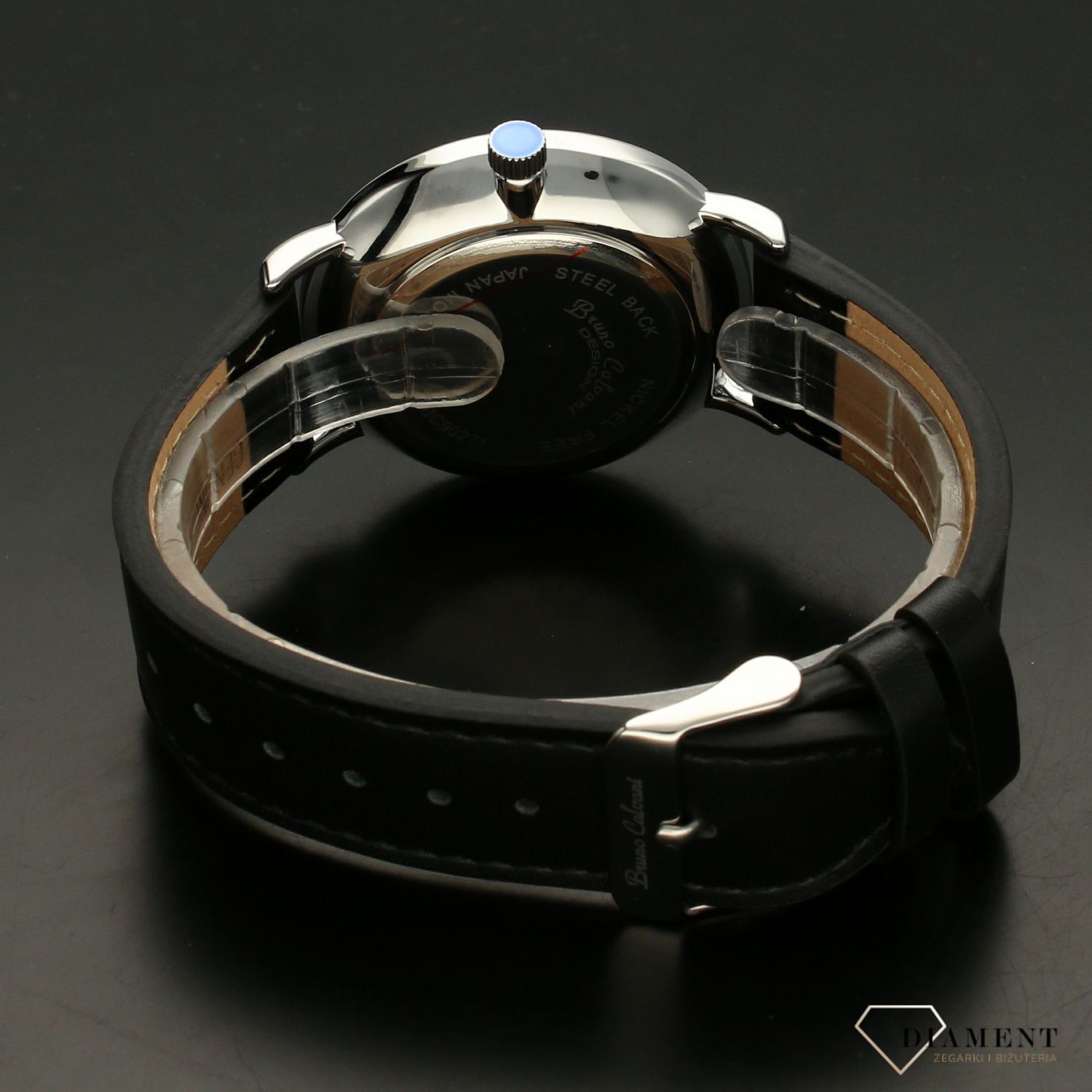 Zegarek męski BRUNO CALVANI BC90271 Czarny pasek. Zegarek męski na czarnym skórzanym pasku. Zegarek męski w kolorze brązowym z białymi indeksami i głównymi cyframi arabskimi. Wygodny datownik w formie popularnego okienka.  (2).jpg